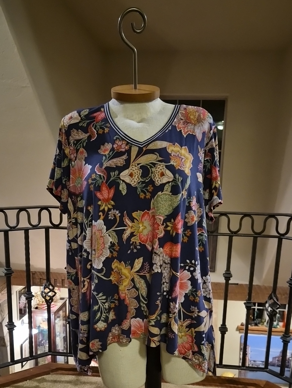Johnny Was Navy Floral Asymmetrical Split-hem V‑Neck Tee